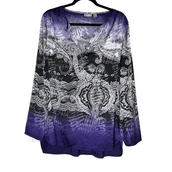 Chico’s Travelers Split V Neck Paisley Long Sleeve Silky Top Sz 3 - Picture 1 of 4